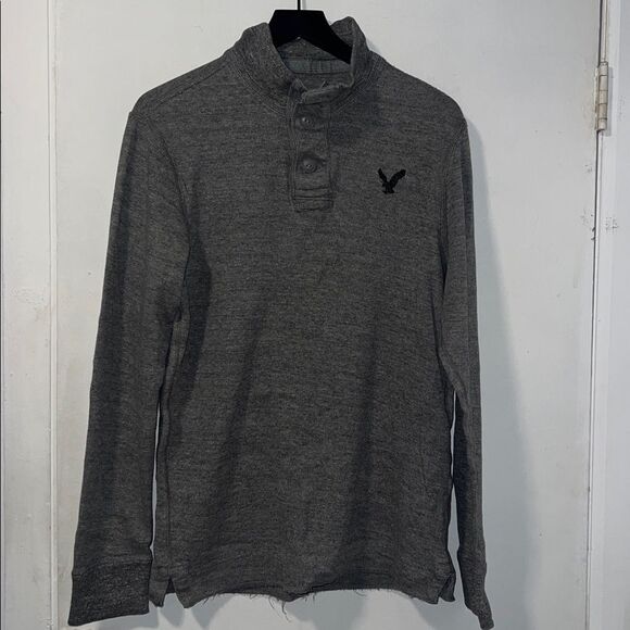 AMERICAN EAGLE OUTFITTERS Grey Quarter Button Rib Knit Cotton Pullover-L - Picture 1 of 8